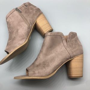 Torrid taupe suede peeptoe heeled booties